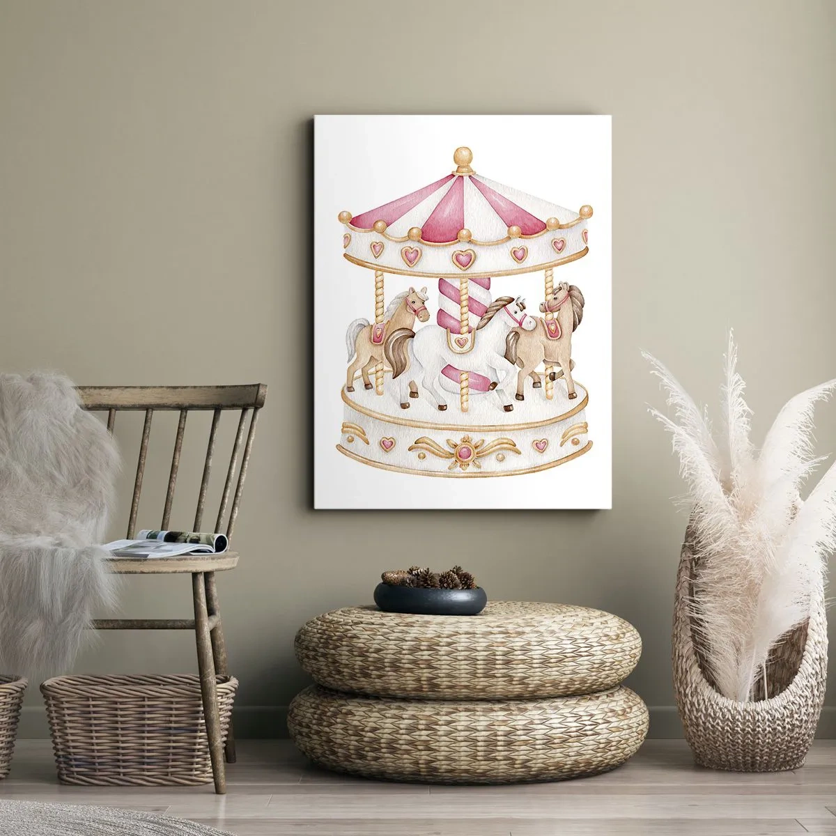 Obraz na płótnie - Ilustracja karuzeli w pastelowych odcieniach różu i złota - 50x70cm - Słodki świat dzieciństwa - Nowoczesna dekoracja ścienna do salonu, kuchni i sypialni ARTTOR