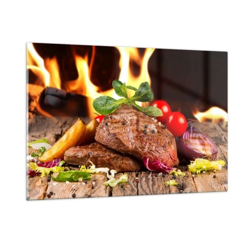 Obraz na szkle - Grillowany stek z warzywami na tle płomieni - 120x80cm - Wyczarowane żarem - Nowoczesna dekoracja ścienna do salonu, kuchni i sypialni ARTTOR