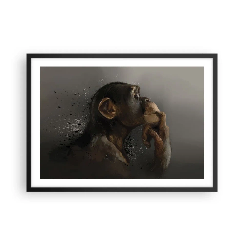 Plakat w czarnej ramie - Portret małpy w refleksyjnej pozie na szarym tle - 70x50cm - Z pewnością myśliciel - Nowoczesna dekoracja ścienna do salonu i sypialni ARTTOR
