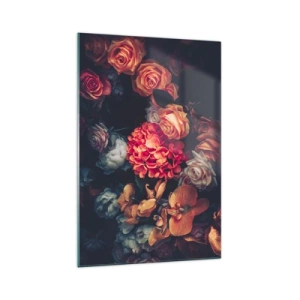 Obraz na szkle - Bukiet różnorodnych kwiatów w ciemnej tonacji - 70x100cm - Jak u holenderskich mistrzów - Nowoczesna dekoracja ścienna do salonu i sypialni ARTTOR
