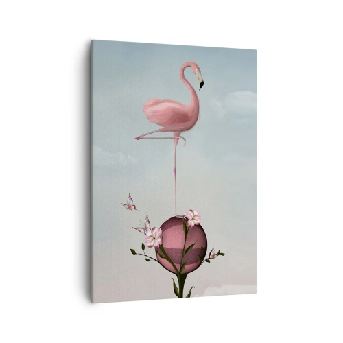 Obraz na płótnie - Różowy flaming balansujący na kwitnącej gałązce z kulą - 50x70cm - Alegoria piłki koszykowej - Nowoczesna dekoracja ścienna do salonu, kuchni i sypialni ARTTOR