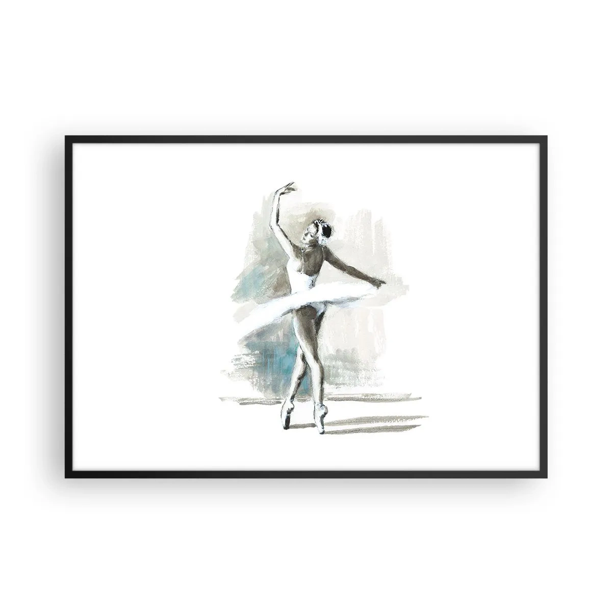 Plakat w czarnej ramie - Tancerka baletowa w pozie baletowej na tle delikatnych akwarelowych tonacji - 100x70cm - Zaklęta w łabędzia - Nowoczesna dekoracja ścienna do salonu i sypialni ARTTOR