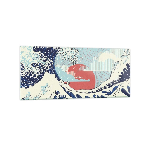 Obraz na szkle - Fale oceanu i zachodzące słońce w stylu japońskim - 120x50cm - Z japońskich inspiracji - Nowoczesna dekoracja ścienna do salonu i sypialni ARTTOR