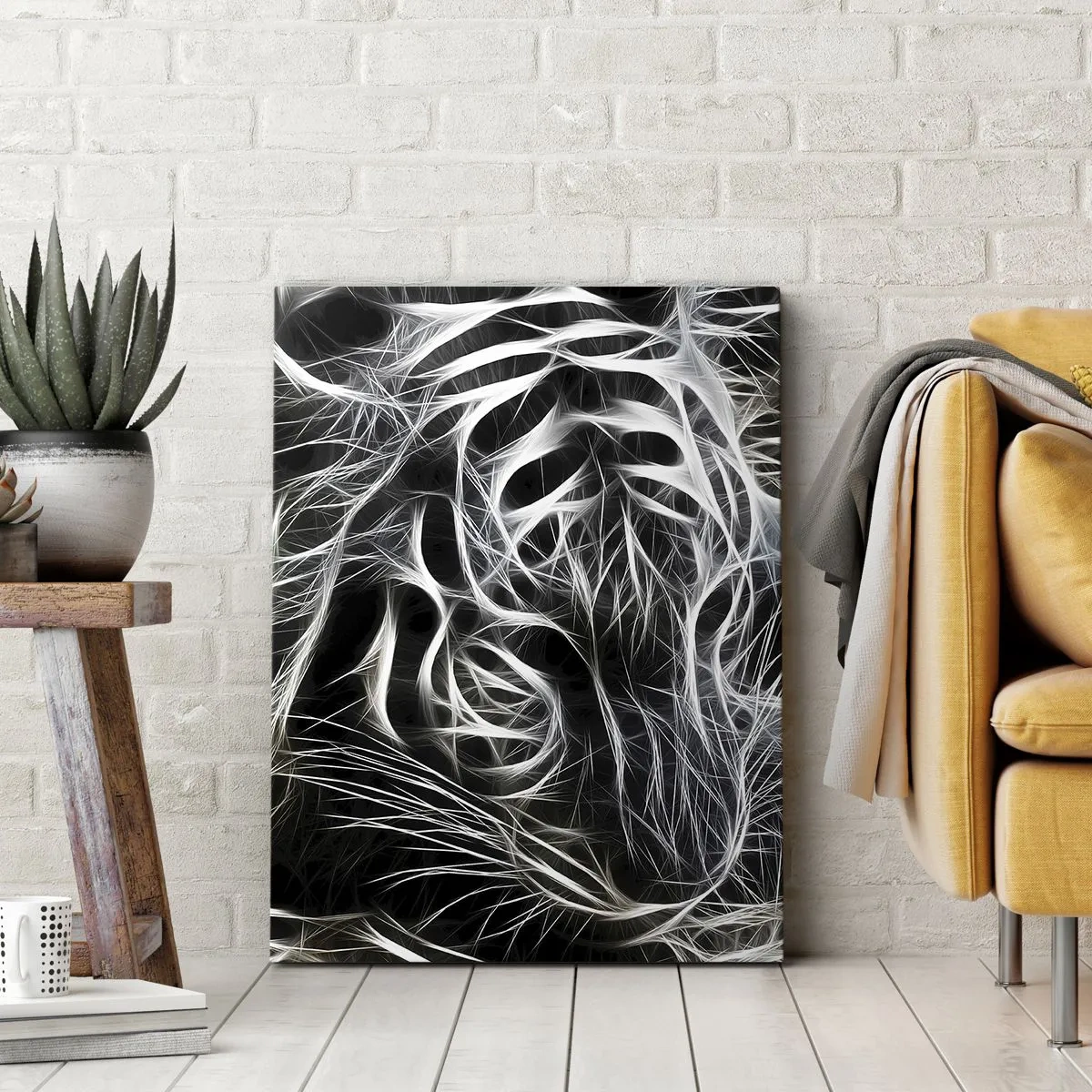 Obraz na płótnie - Abstrakcyjny wizerunek tygrysa na czarnym tle - 50x70cm - Studium kociej lekkości - Nowoczesna dekoracja ścienna do salonu, kuchni i sypialni ARTTOR