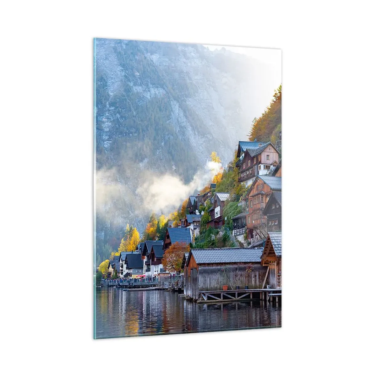 Obraz na szkle - Jesienny poranek w górskim miasteczku nad jeziorem - 50x70cm - Alpejskie klimaty - Nowoczesna dekoracja ścienna do salonu, kuchni i sypialni ARTTOR