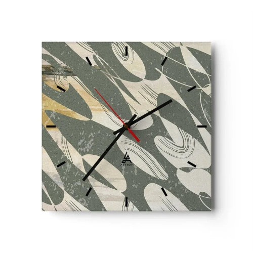Zegar ścienny - Dynamiczne kształty w zielonych i złotych odcieniach - 30x30cm - Abstrakcja zrytmizowana - Nowoczesna dekoracja ścienna do salonu i sypialni ARTTOR