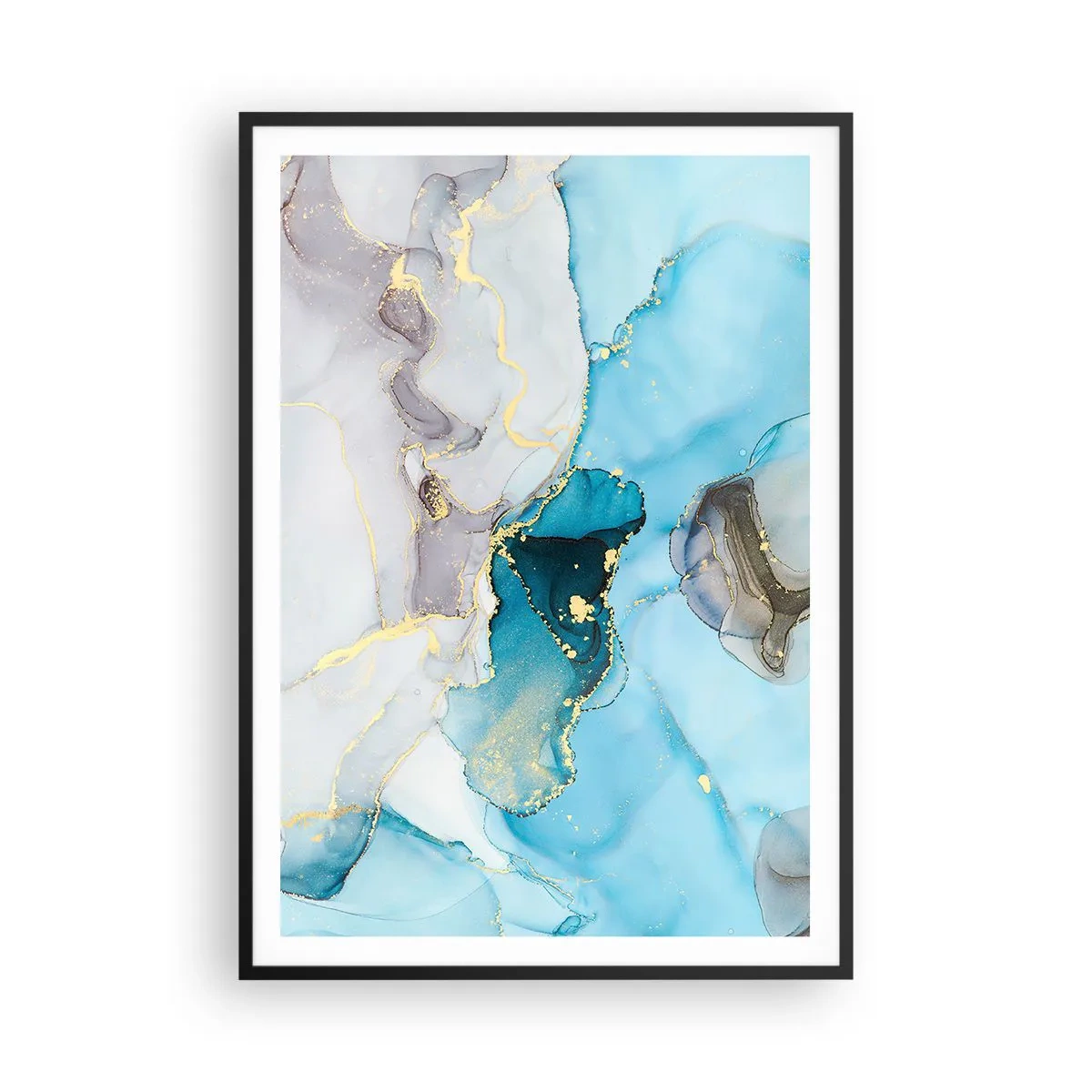 Plakat w czarnej ramie - Studium spotkania szarości z turkusem - 70x100 cm