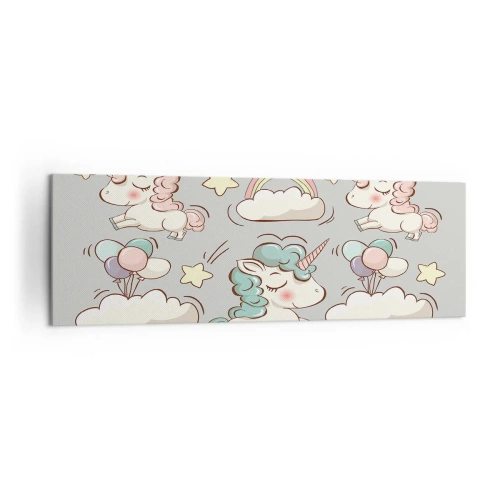 Obraz na płótnie - Urocze jednorożce na pastelowym tle - 160x50cm - Na pewno istnieją… - Nowoczesna dekoracja ścienna do salonu i sypialni ARTTOR