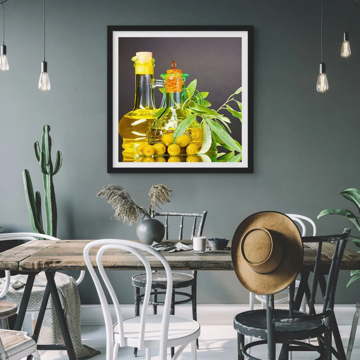 Plakat w czarnej ramie - Martwa natura z oliwkami i oliwą - 40x40 cm