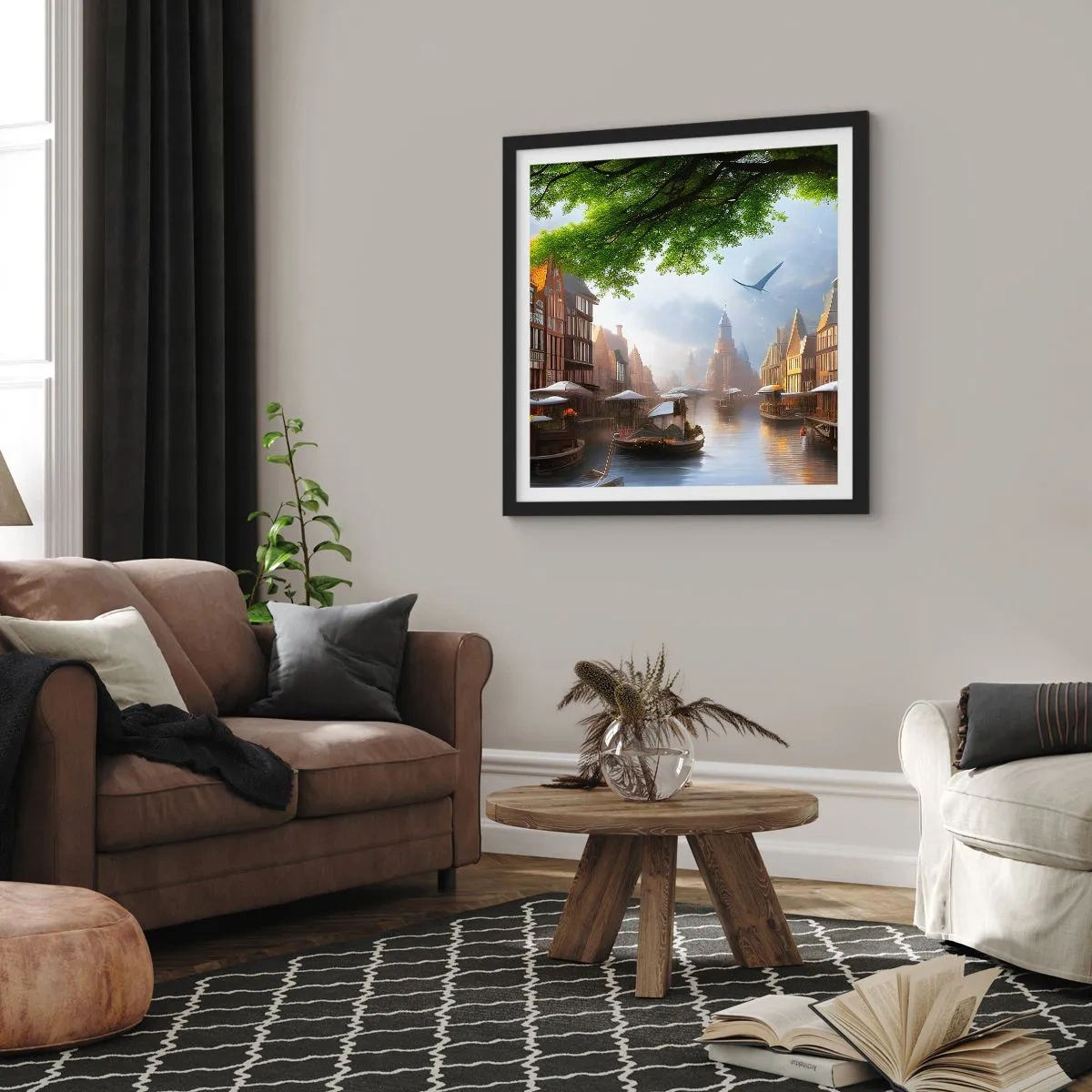 Plakat w czarnej ramie - Niderlandzki pejzaż miejski - 50x50 cm