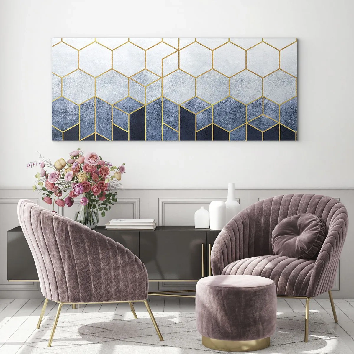 Obraz na szkle - Geometryczny wzór w odcieniach złota i granatu - 120x50cm - Kompozycja w synkopowym rytmie - Nowoczesna dekoracja ścienna do salonu i sypialni ARTTOR