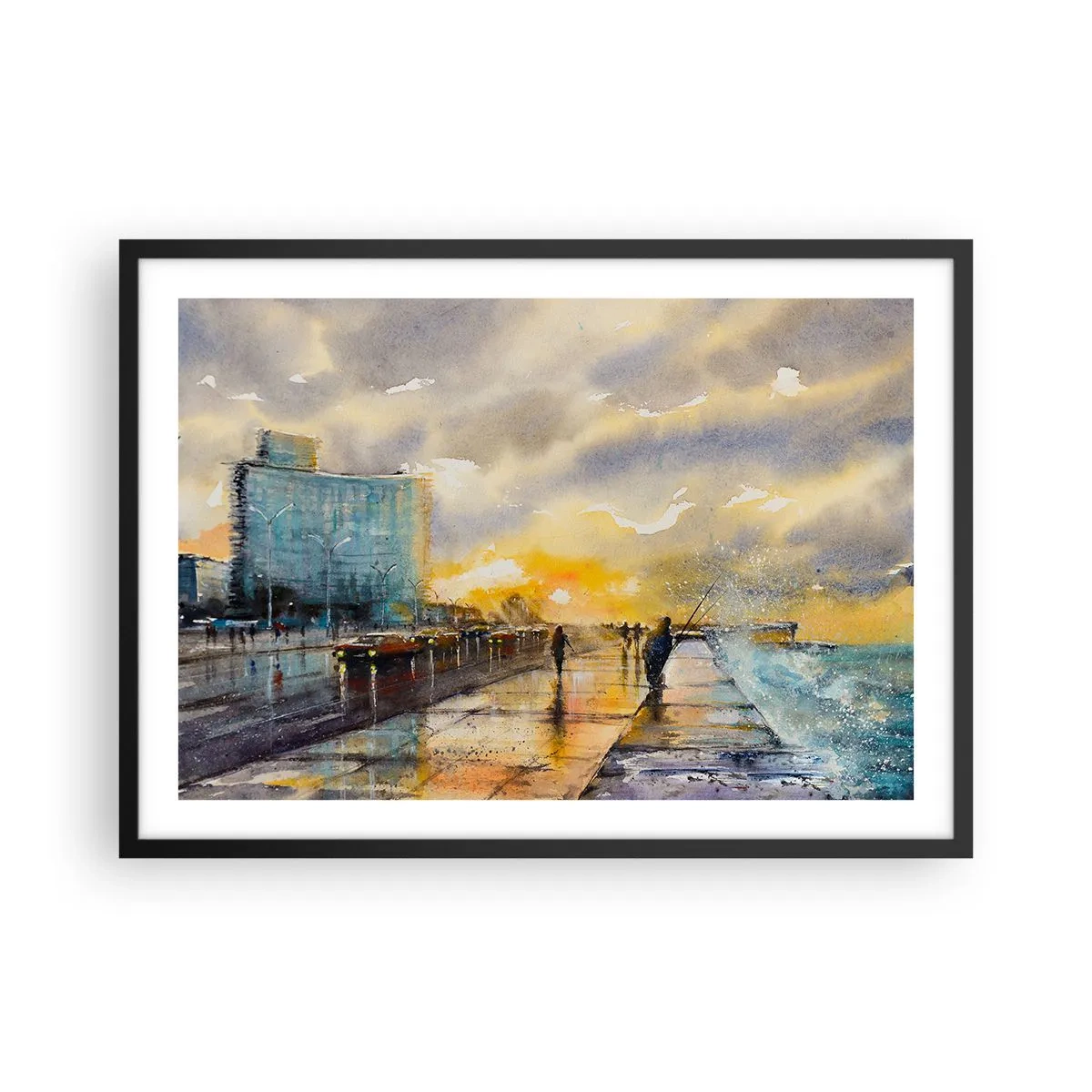Plakat w czarnej ramie - Malowniczy widok promenady nadmorskiej o zachodzie słońca - 70x50cm - Życie na brzegu - Nowoczesna dekoracja ścienna do salonu i sypialni ARTTOR