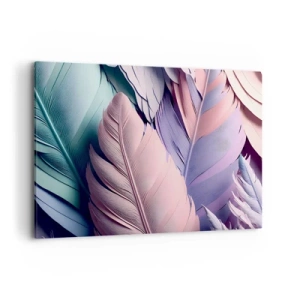 Obraz na płótnie - Kolorowe pióra w pastelowych odcieniach na jasnym tle - 120x80cm - Ptasi szyk - Nowoczesna dekoracja ścienna do salonu, kuchni i sypialni ARTTOR