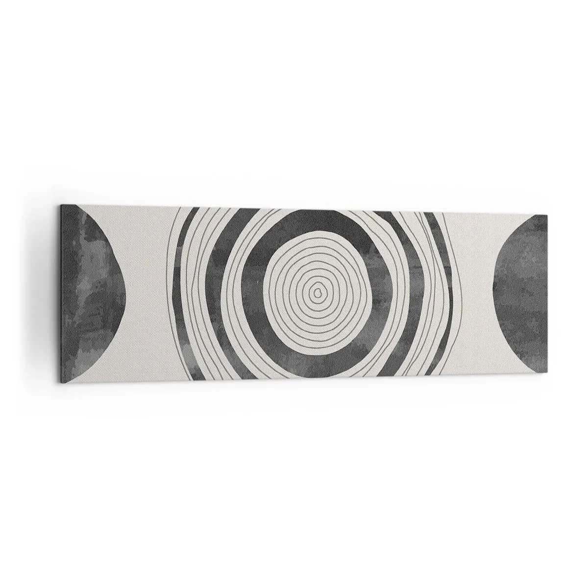 Obraz na płótnie - Minimalistyczne czarno-białe okręgi na jasnym tle - 160x50cm - Ważne to co pomiędzy - Nowoczesna dekoracja ścienna do salonu i sypialni ARTTOR