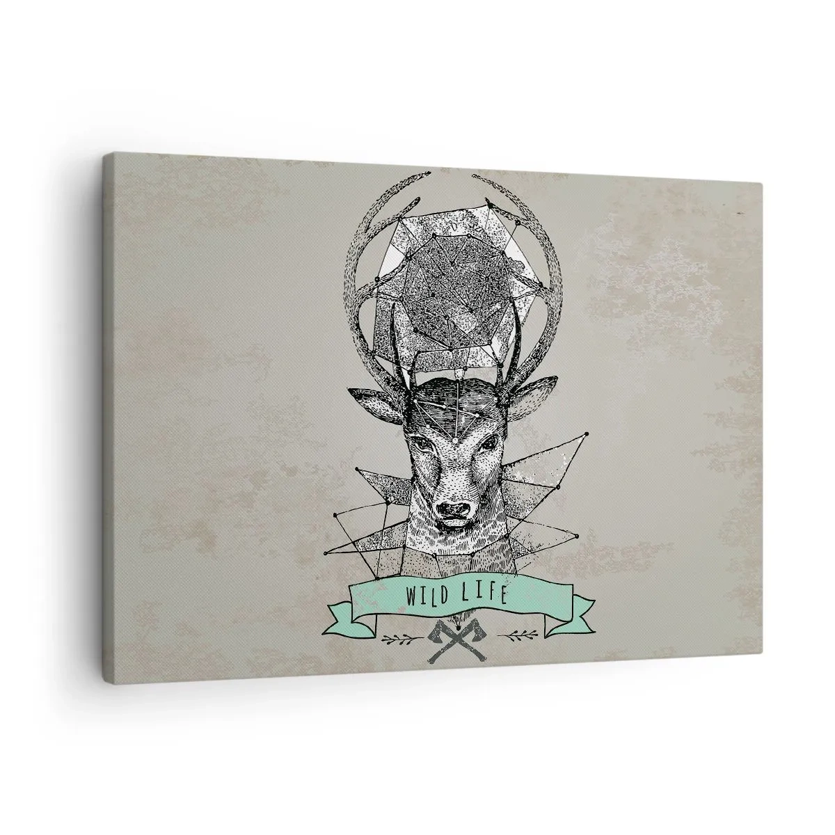 Obraz na płótnie - Geometria jelenia z napisem Wild Life w stylu vintage - 70x50cm - Widzenie św. Hubertusa - Nowoczesna dekoracja ścienna do salonu i sypialni ARTTOR