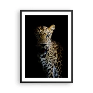 Plakat w czarnej ramie - Leopard na tle ciemnego tła z wyrazistymi detalami sierści - 50x70cm - Mroczne piękno - Nowoczesna dekoracja ścienna do salonu i sypialni ARTTOR