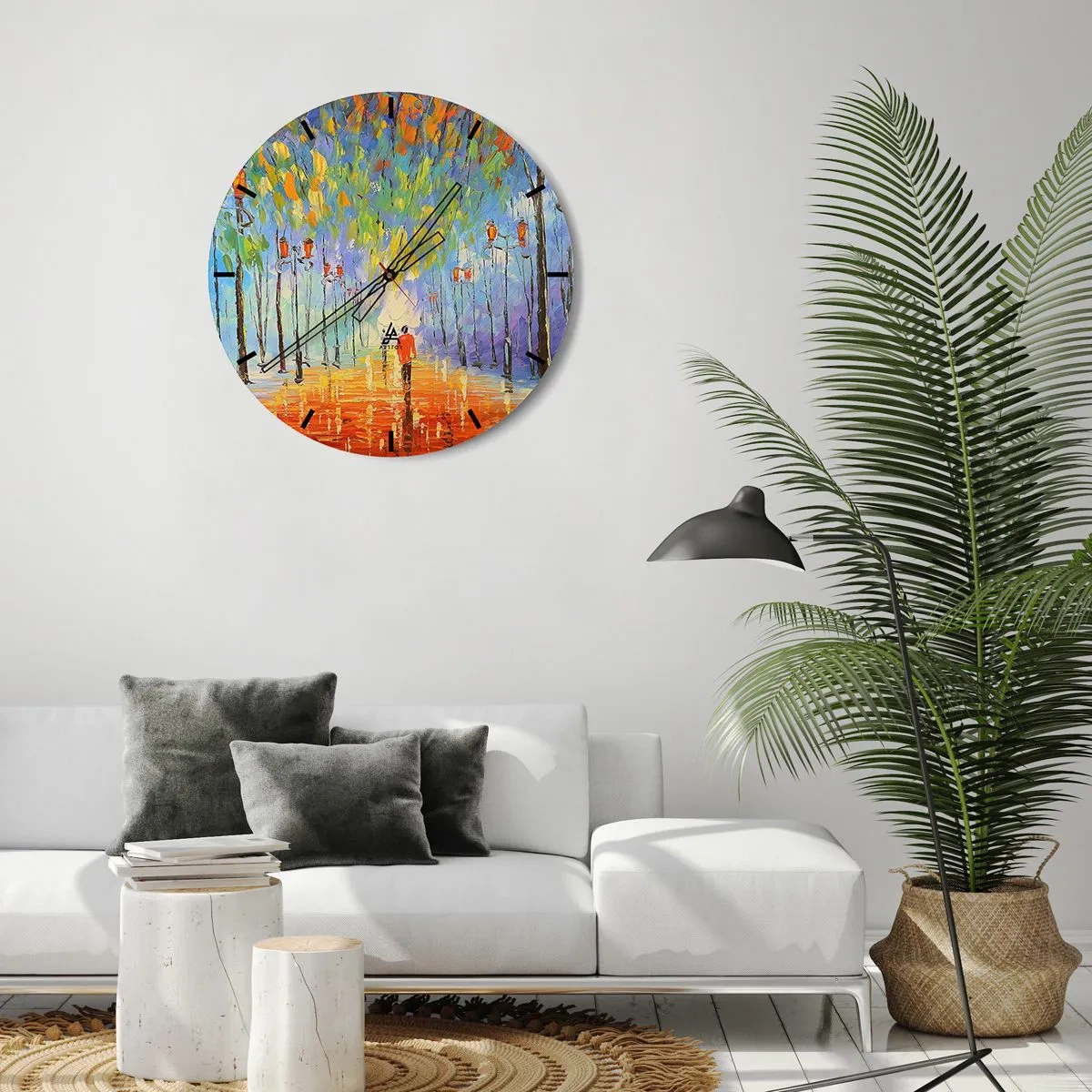 Zegar ścienny - Kolorowa aleja z drzewami i osobą spacerującą w oddali - 30x30cm - Nocna piosenka deszczu - Nowoczesna dekoracja ścienna do salonu, kuchni i sypialni ARTTOR