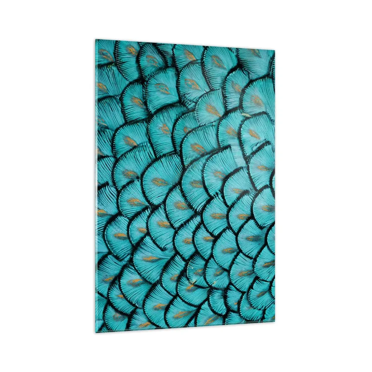 Obraz na szkle - Wzór przypominający turkusowe łuski z akcentami złota - 70x100cm - Wielka gala piór - Nowoczesna dekoracja ścienna do salonu i sypialni ARTTOR