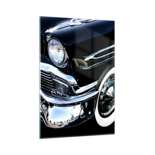 Obraz na szkle - Czarny klasyczny samochód w zbliżeniu na reflektor i błotnik - 80x120cm - Klasyka w srebrze, czerni i bieli - Nowoczesna dekoracja ścienna do salonu i sypialni ARTTOR