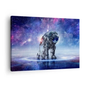Obraz na płótnie - Astronauta w galaktycznym krajobrazie - 70x50cm - Niebo gwiaździste nade mną - Nowoczesna dekoracja ścienna do salonu i sypialni ARTTOR