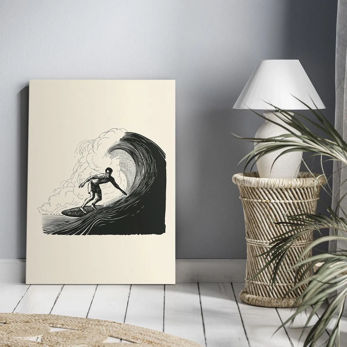 Obraz na płótnie - Ilustracja surfera na fali w stylu vintage - 50x70cm - Król fali - Nowoczesna dekoracja ścienna do salonu, kuchni i sypialni ARTTOR