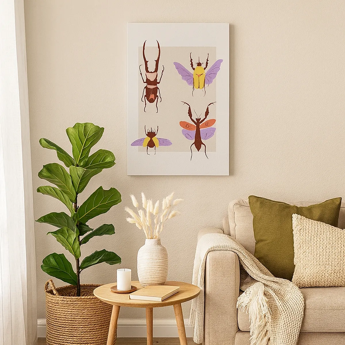 Obraz na płótnie - Minimalistyczna ilustracja różnych gatunków chrząszczy na jasnym tle - 50x70cm - Owadzi świat - Nowoczesna dekoracja ścienna do salonu, kuchni i sypialni ARTTOR