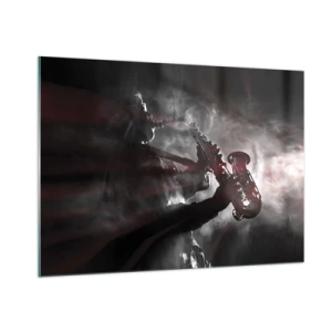 Obraz na szkle - Saksofonista w oparach dymu w czerni i bieli - 100x70cm - W oparach jazzu - Nowoczesna dekoracja ścienna do salonu, kuchni i sypialni ARTTOR