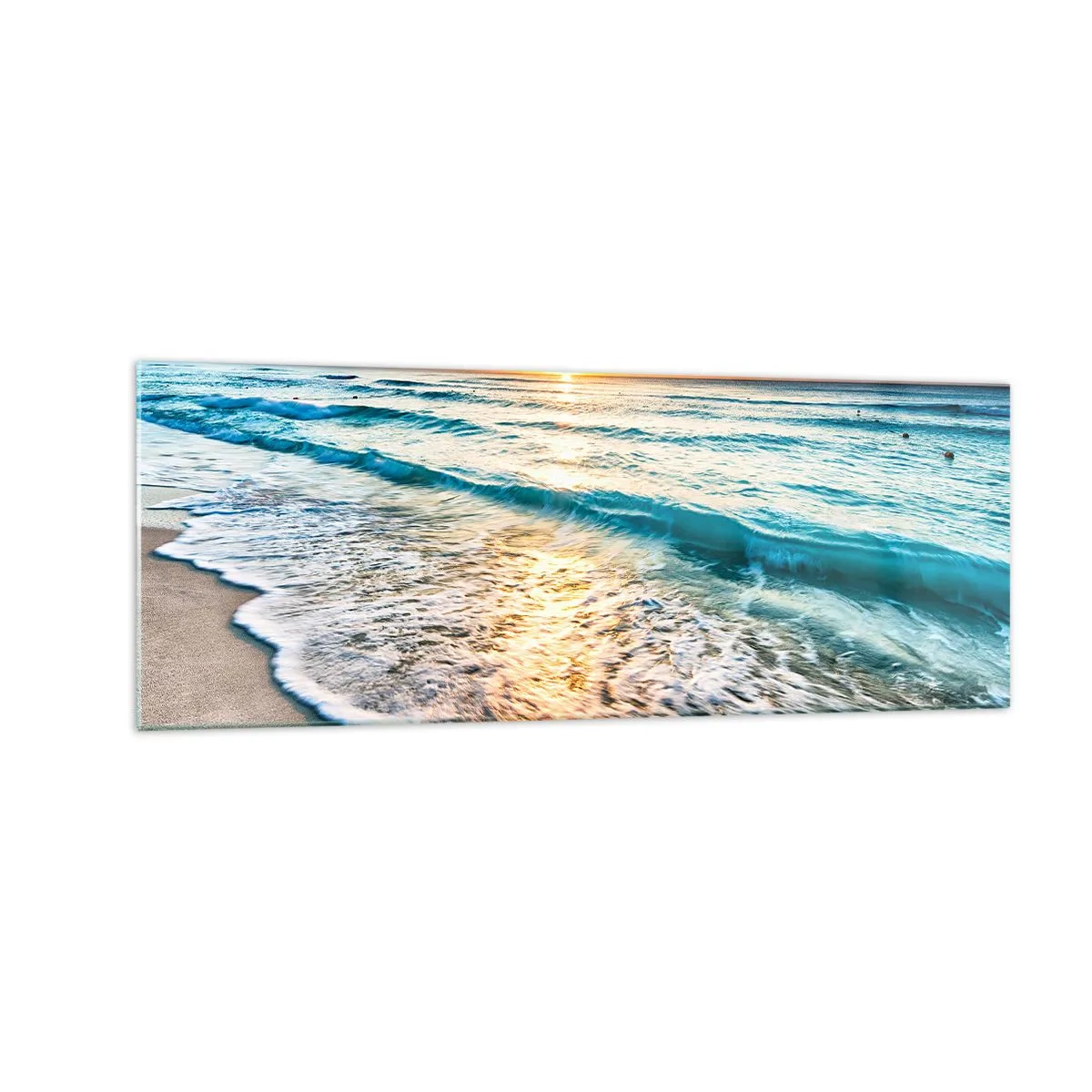 Obraz na szkle - Wschód słońca nad spokojną plażą z falami - 140x50cm - Widok wart zachodu - Nowoczesna dekoracja ścienna do salonu i sypialni ARTTOR