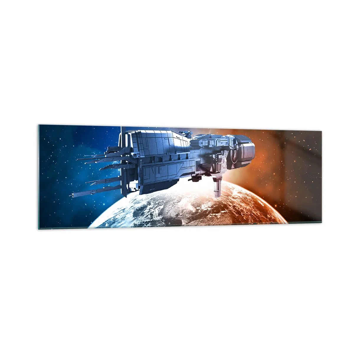 Obraz na szkle - Statek kosmiczny na tle planety w przestrzeni - 160x50cm - Uważny obserwator - Nowoczesna dekoracja ścienna do salonu i sypialni ARTTOR