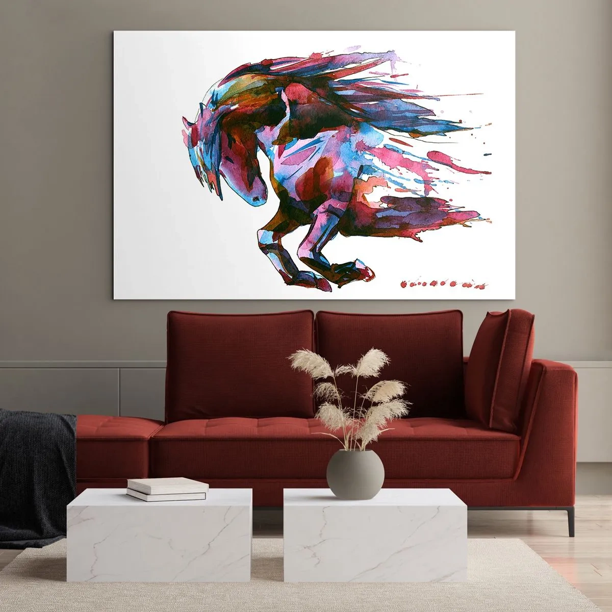 Obraz na szkle - Abstrakcyjny koń w dynamicznej kompozycji kolorów - 70x50cm - W uniesieniu - Nowoczesna dekoracja ścienna do salonu i sypialni ARTTOR
