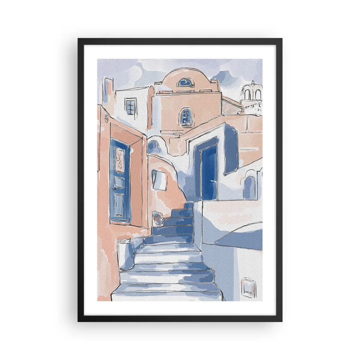 Plakat w czarnej ramie - Malownicza uliczka w stylu śródziemnomorskim w odcieniach błękitu - 50x70cm - Egzotyczne miasto - Nowoczesna dekoracja ścienna do salonu i sypialni ARTTOR