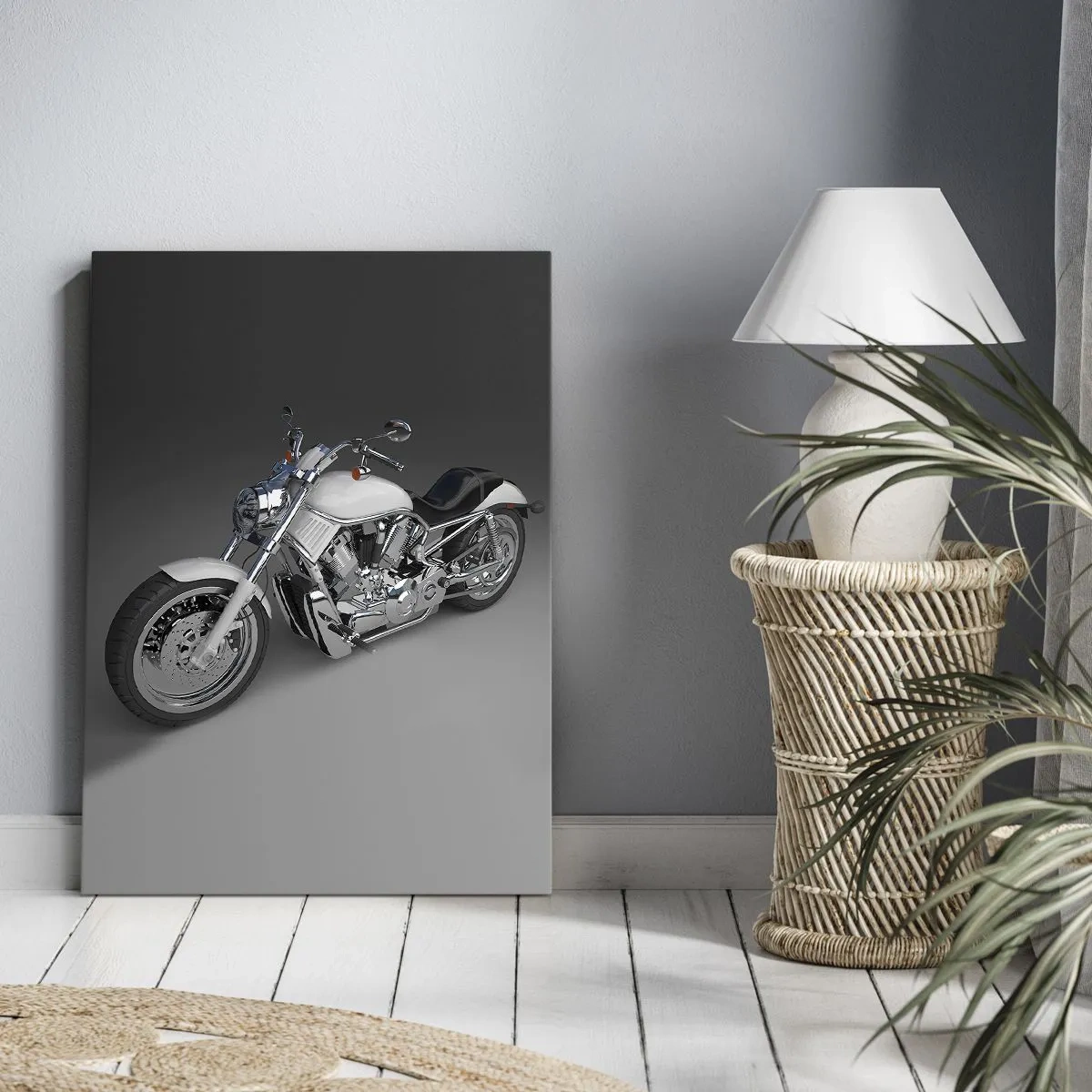 Obraz na płótnie - Biały motocykl na neutralnym tle - 50x70cm - Aż chce się klęknąć - Nowoczesna dekoracja ścienna do salonu, kuchni i sypialni ARTTOR