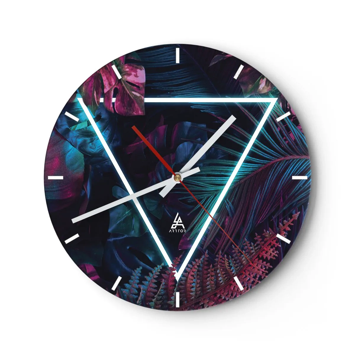 Zegar ścienny - Tropikalne liście i paprocie z neonowym trójkątem - 30x30cm - Ogród w stylu disco - Nowoczesna dekoracja ścienna do salonu, kuchni i sypialni ARTTOR