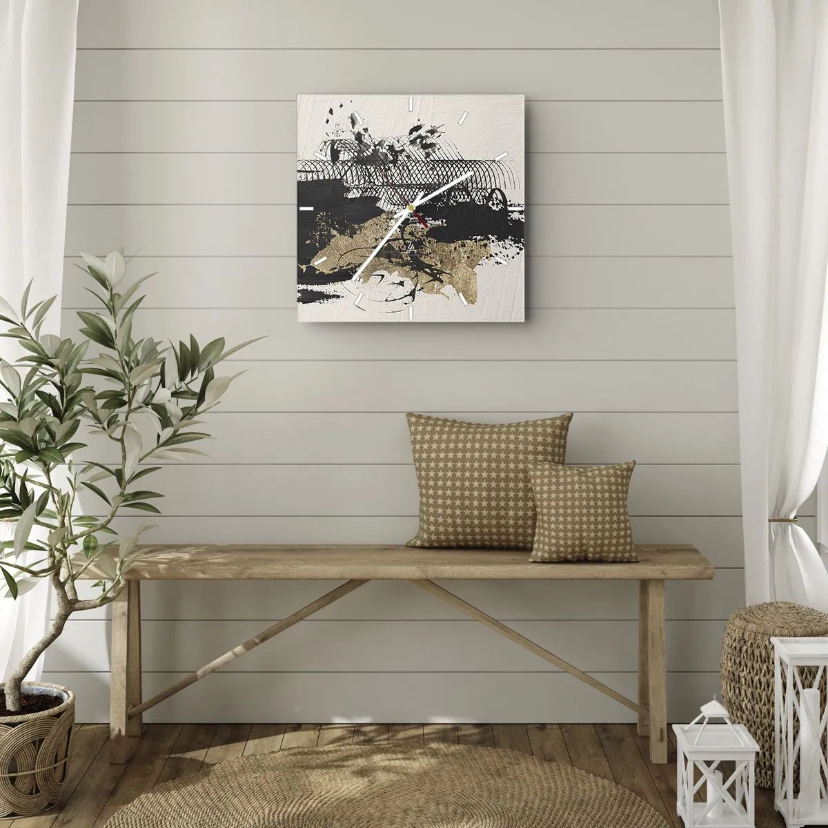 Zegar ścienny - Abstrakcyjny obraz w czerni i złocie z dynamicznymi liniami i strukturami - 30x30cm - Kompozycja z pasją - Nowoczesna dekoracja ścienna do salonu i sypialni ARTTOR