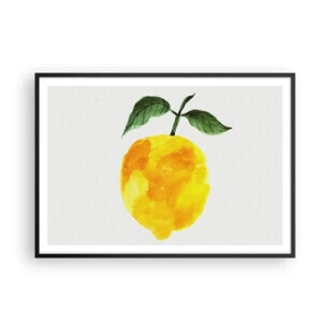 Plakat w czarnej ramie - Akwarelowa cytryna z zielonymi liśćmi na jasnym tle - 100x70cm - Jak poznać smak słońca - Nowoczesna dekoracja ścienna do salonu i sypialni ARTTOR