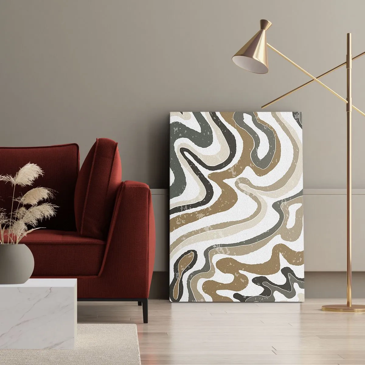 Obraz na płótnie - Abstrakcyjna kompozycja organicznych linii w odcieniach zieleni, beżu i brązu - 50x70cm - Meandry barw ziemi - Nowoczesna dekoracja ścienna do salonu, kuchni i sypialni ARTTOR