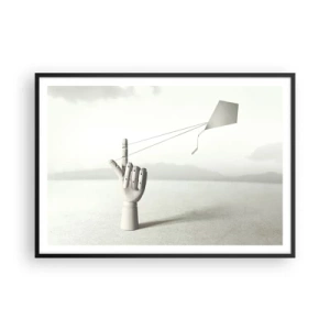 Plakat w czarnej ramie - Minimalistyczna ręka drewniana z latawcem na tle pejzażu - 100x70cm - Próba sił - Nowoczesna dekoracja ścienna do salonu i sypialni ARTTOR