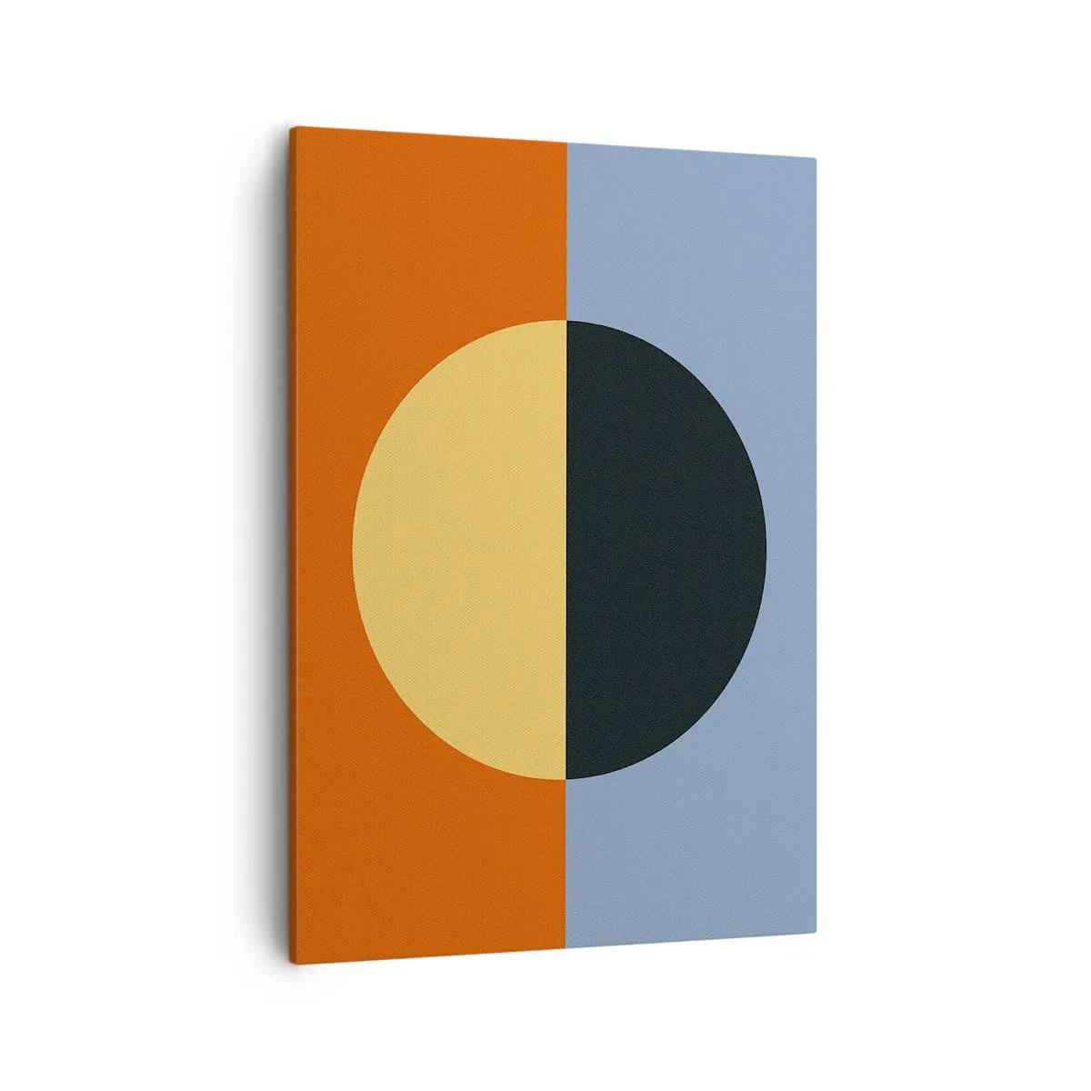 Obraz na płótnie - Geometryczna kompozycja z kołem na podzielonym tle w kolorach pomarańczowym i niebieskim - 50x70cm - Kompozycja ciepła i chłodu - Nowoczesna dekoracja ścienna do salonu, kuchni i sypialni ARTTOR