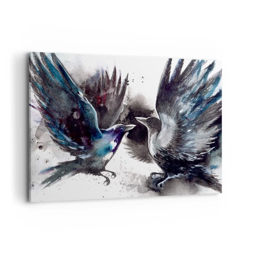 Obraz na płótnie - Artystyczne kruki w dynamicznej kompozycji akwarelowej - 100x70cm - Kruk krukowi… - Nowoczesna dekoracja ścienna do salonu, kuchni i sypialni ARTTOR