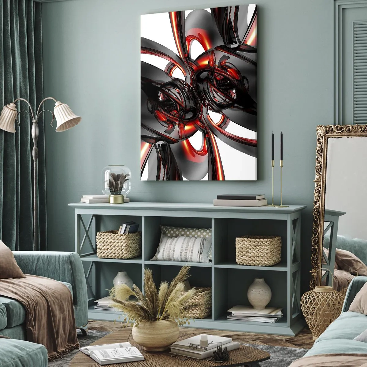 Obraz na płótnie - Dynamiczna abstrakcja w kolorach grafitu i czerwieni - 50x70cm - Ruch w graficie i czerwieni - Nowoczesna dekoracja ścienna do salonu, kuchni i sypialni ARTTOR