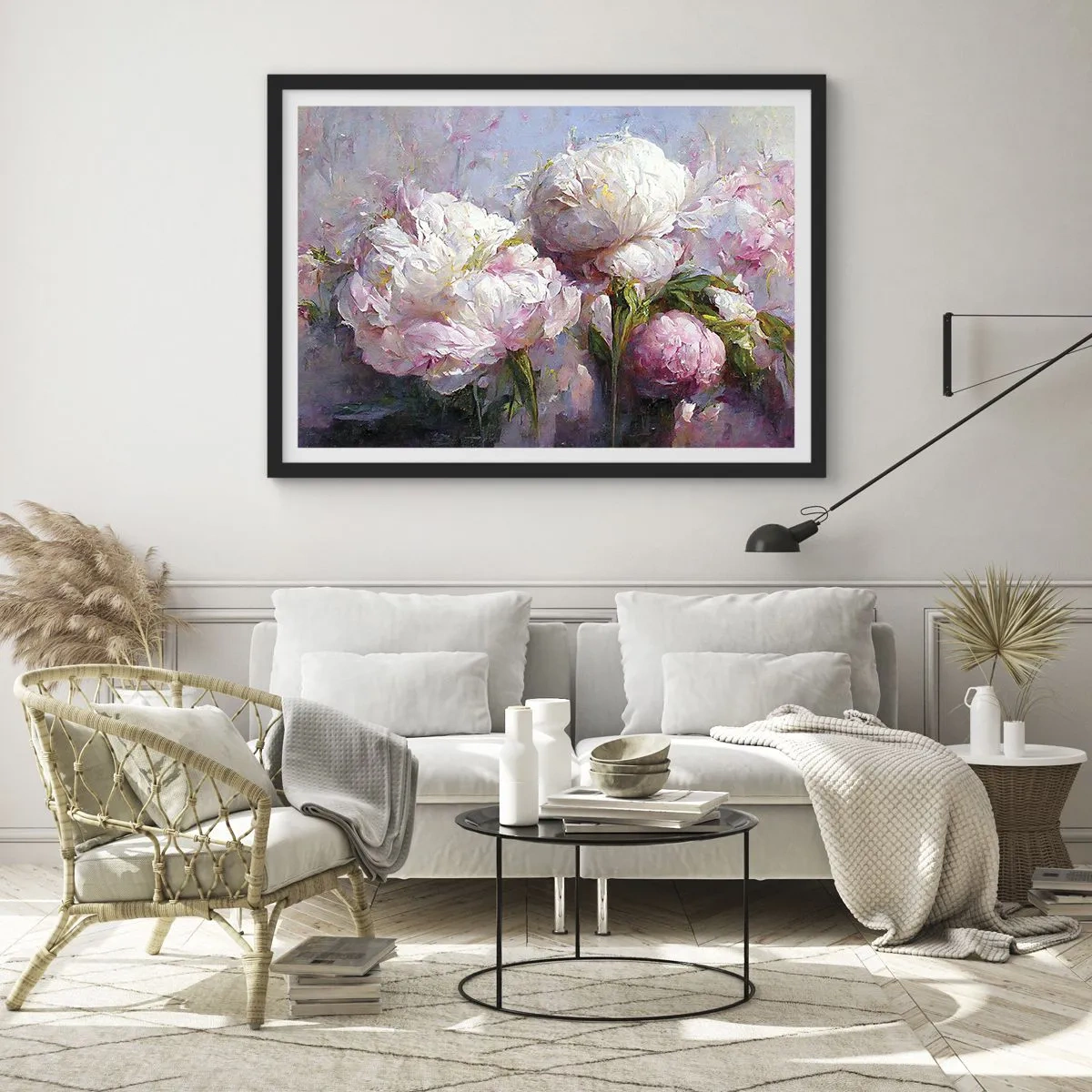 Plakat w czarnej ramie - Romantyczne kwiaty piwonii w pastelowych barwach - 70x50cm - Kipiący życiem bukiet - Nowoczesna dekoracja ścienna do salonu i sypialni ARTTOR