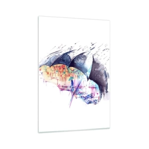 Obraz na szkle - Kolorowe miasto ukryte pod abstrakcyjnymi parasolami - 70x100cm - Spacer w deszczu - Nowoczesna dekoracja ścienna do salonu i sypialni ARTTOR