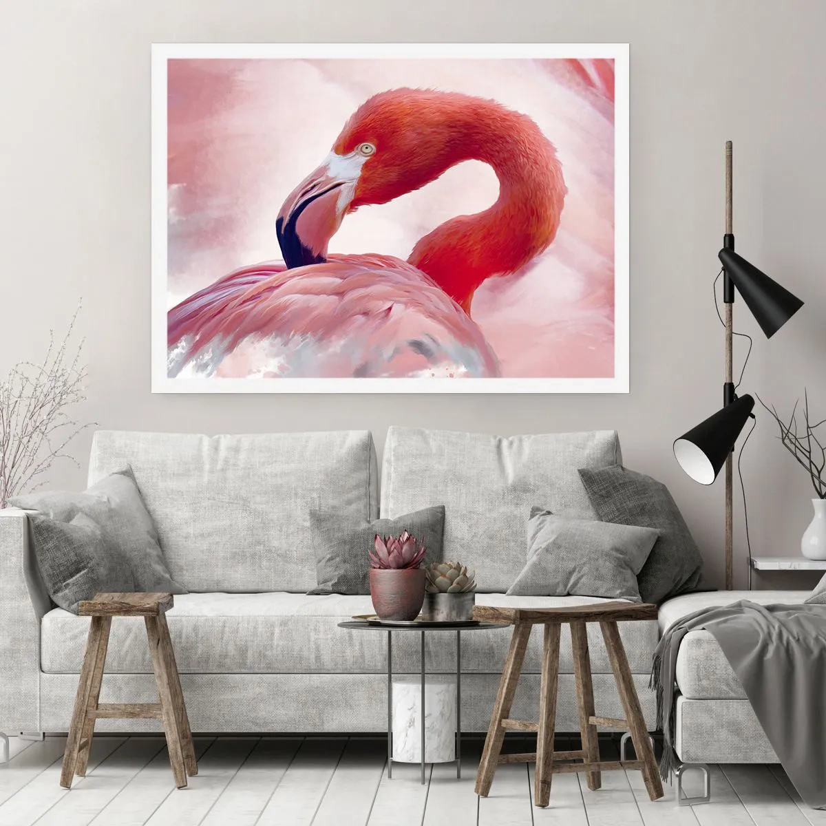 Plakat - Flaming w różowej tonacji na jasnym tle - 100x70cm - Ptasia uroda - Nowoczesna dekoracja ścienna do salonu i sypialni ARTTOR