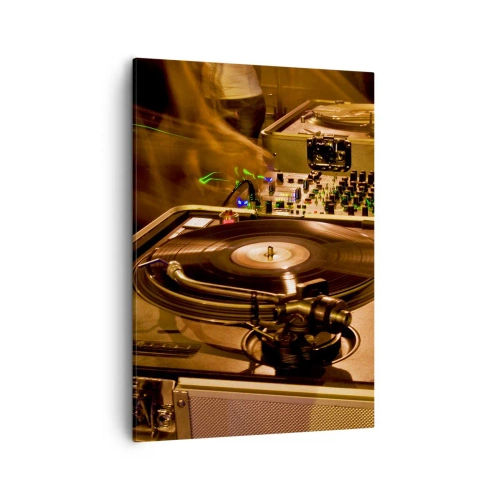 Obraz na płótnie - Gramofon DJ-a z winylem w klubowym klimacie - 50x70cm - Czujesz tę moc? - Nowoczesna dekoracja ścienna do salonu, kuchni i sypialni ARTTOR