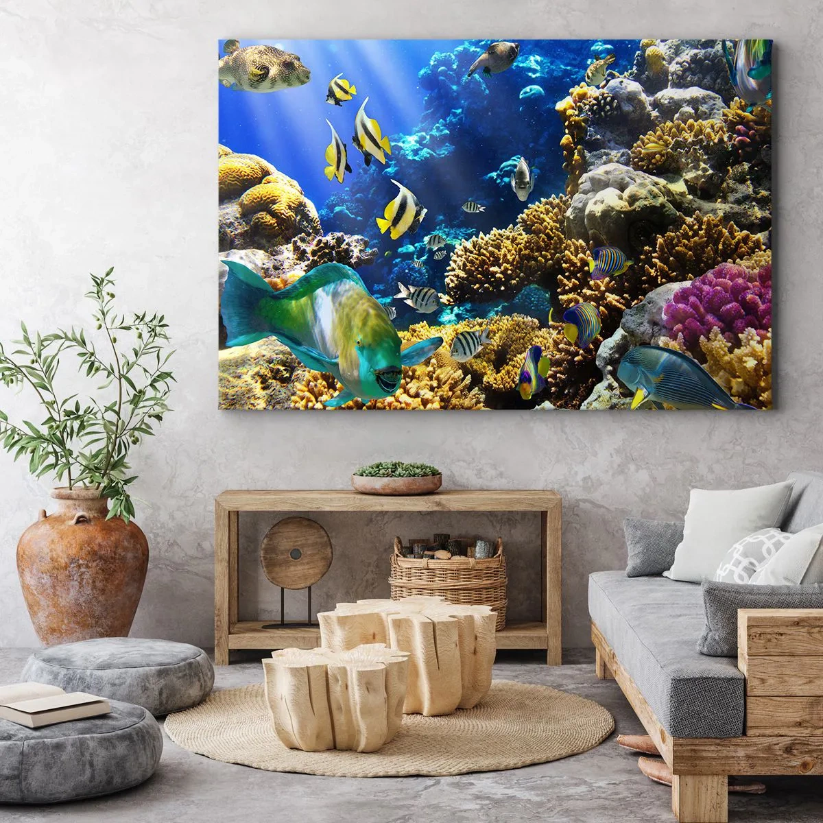 Obraz na płótnie - Kolorowa rafa koralowa z tropikalnymi rybami w głębinach oceanu - 100x70cm - Duży ruch na wakacyjnym szlaku - Nowoczesna dekoracja ścienna do salonu, kuchni i sypialni ARTTOR