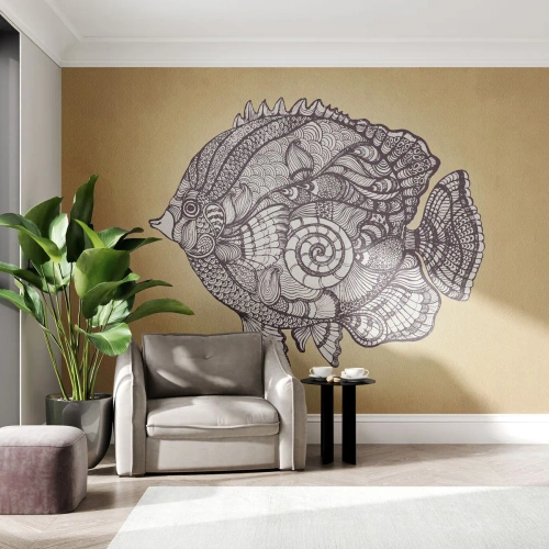 Fototapeta Standard Eco - Ornamentowa ryba na złotym tle w stylu zentangle - 100x70cm - Z oceanu ornamentów - Nowoczesna dekoracja ścienna do salonu i sypialni ARTTOR