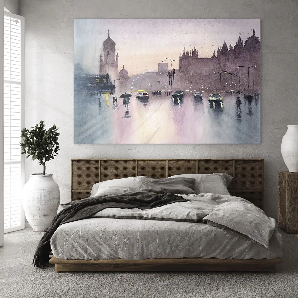 Obraz na szkle - Deszczowy pejzaż miejski - 70x50cm - W deszczowej mgiełce - Nowoczesna dekoracja ścienna do salonu i sypialni ARTTOR