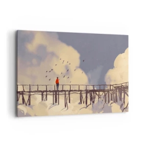 Obraz na płótnie - Postać na moście wśród chmur z ptakami na tle nieba - 100x70cm - Niebieska tęsknota - Nowoczesna dekoracja ścienna do salonu, kuchni i sypialni ARTTOR