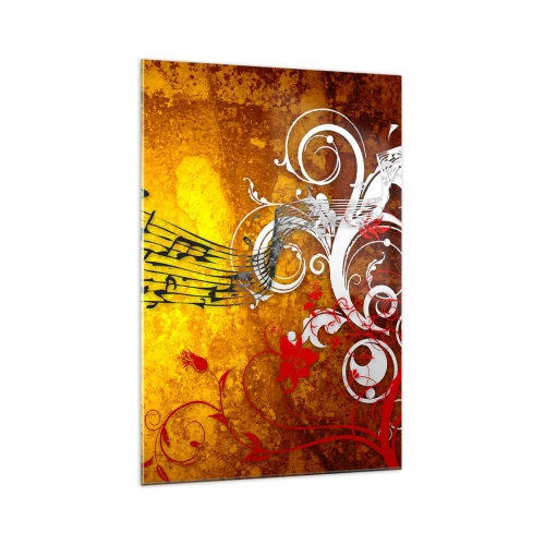 Obraz na szkle - Abstrakcyjne nuty muzyczne na kolorowym tle z ornamentami - 70x100cm - Niech płynie muzyka - Nowoczesna dekoracja ścienna do salonu i sypialni ARTTOR
