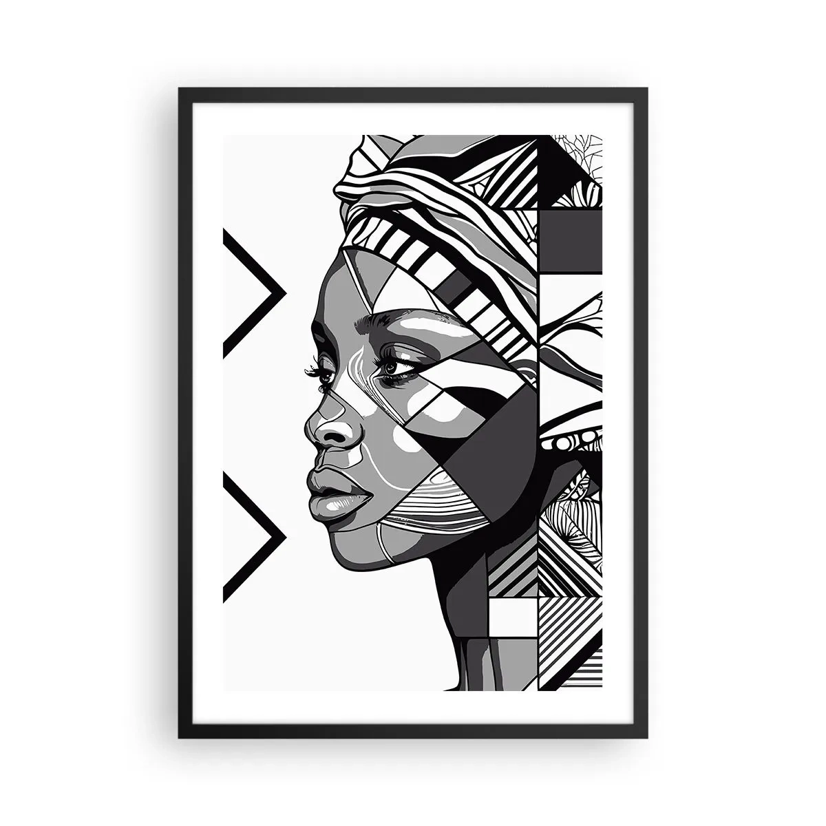 Plakat w czarnej ramie - Geometryczny portret kobiety w czerni i bieli - 50x70cm - Portret etniczny - Nowoczesna dekoracja ścienna do salonu i sypialni ARTTOR